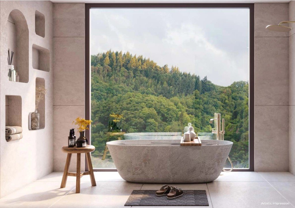 Luxury bathroom with mountain view at Terra Grande