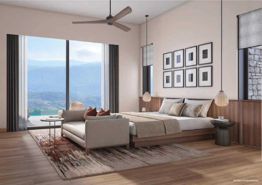 Master bedroom with mountain and pool view at Terra Grande