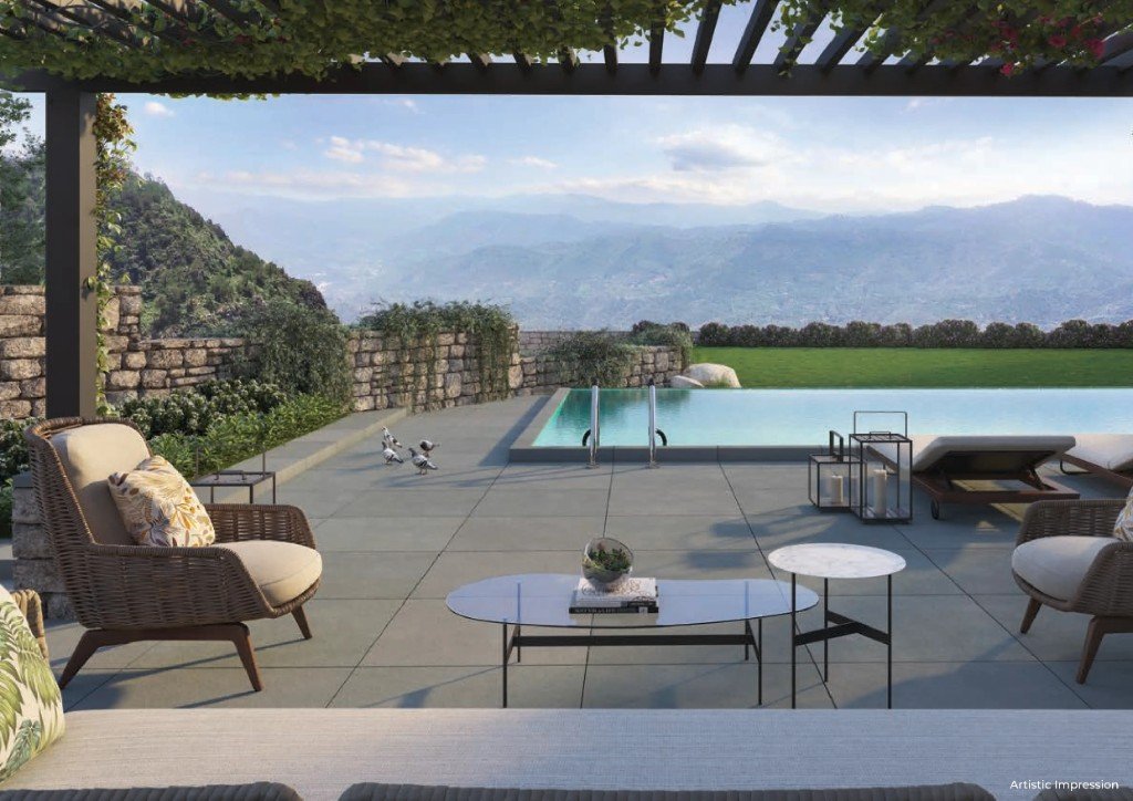 Private terrace and pool overlooking pine forest