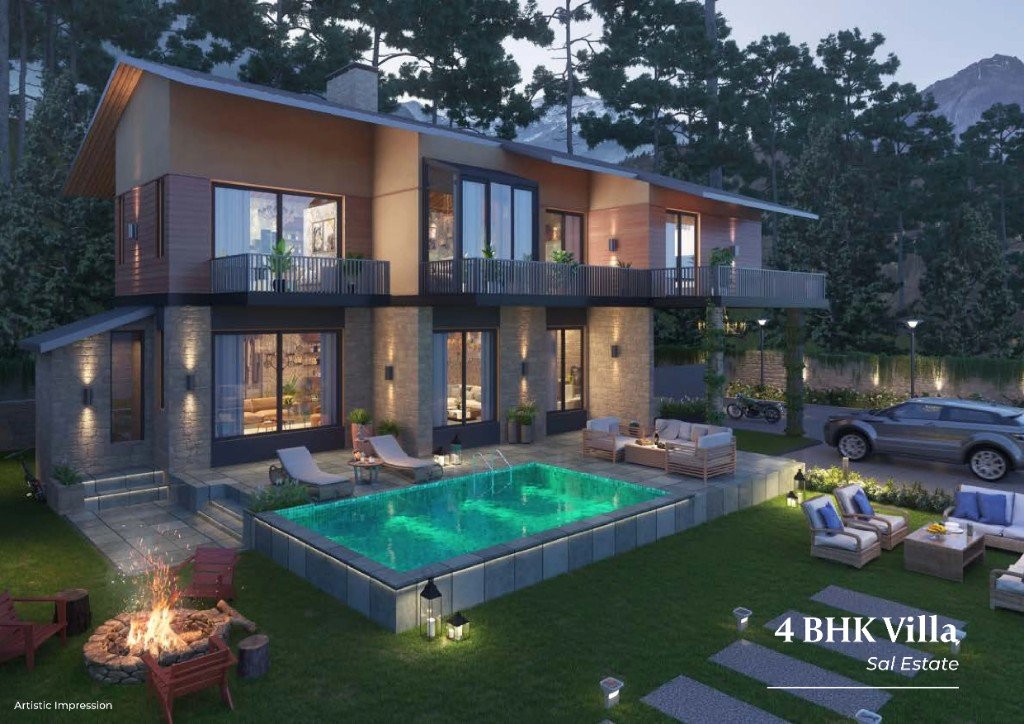 Sal Estate villa at dusk with warm interior lights